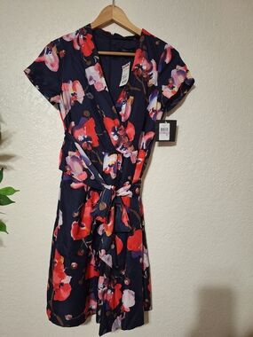 T.J.Maxx Navy Midi Wrap Dress with Red & Pink Floral Print